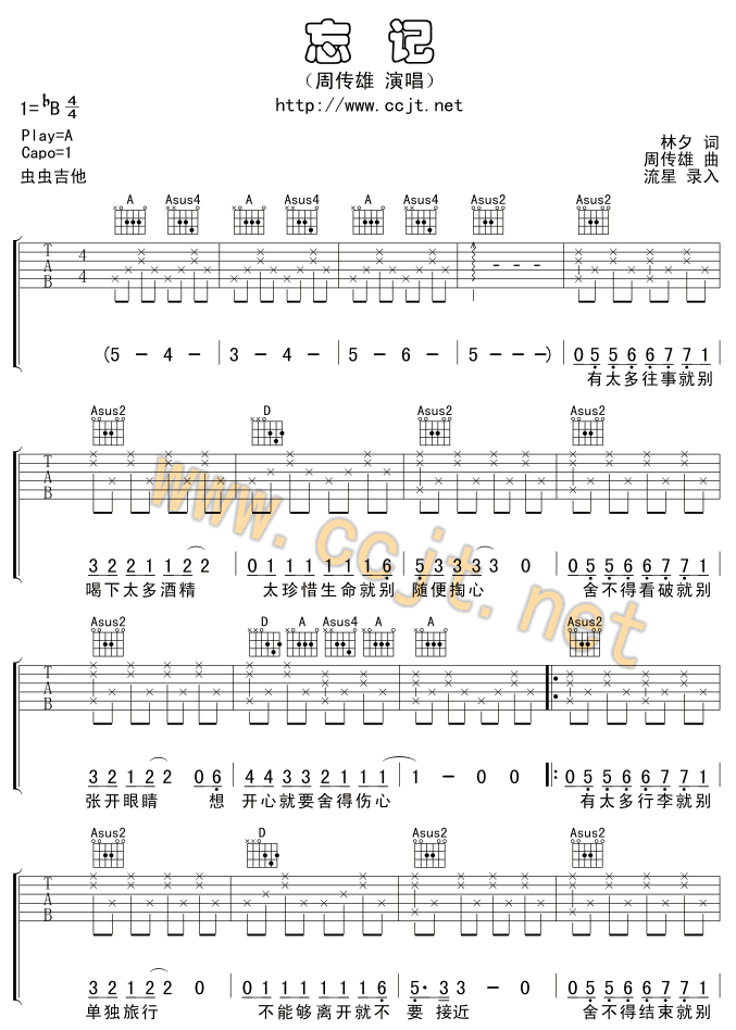 忘记|版本一|吉他谱|图片谱|高清|周传雄