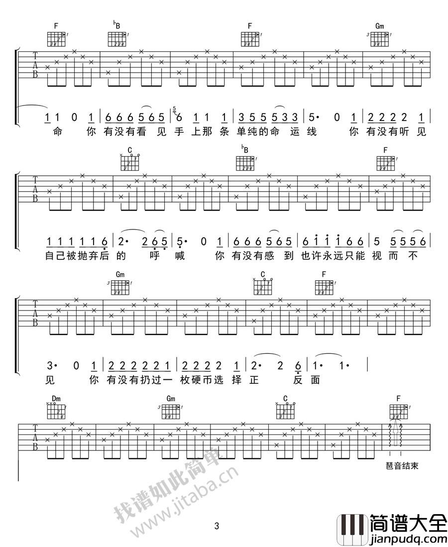 硬币吉他谱_汪峰_高清图片谱