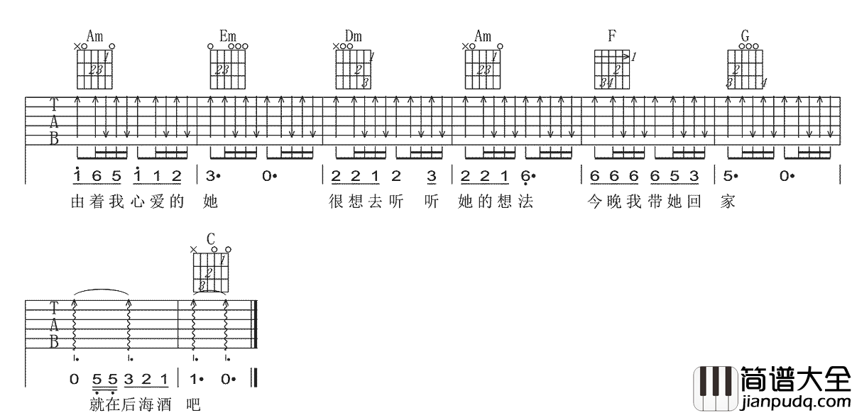 _后海酒吧_吉他谱_陈玉建_C调原版弹唱六线谱_高清图片谱