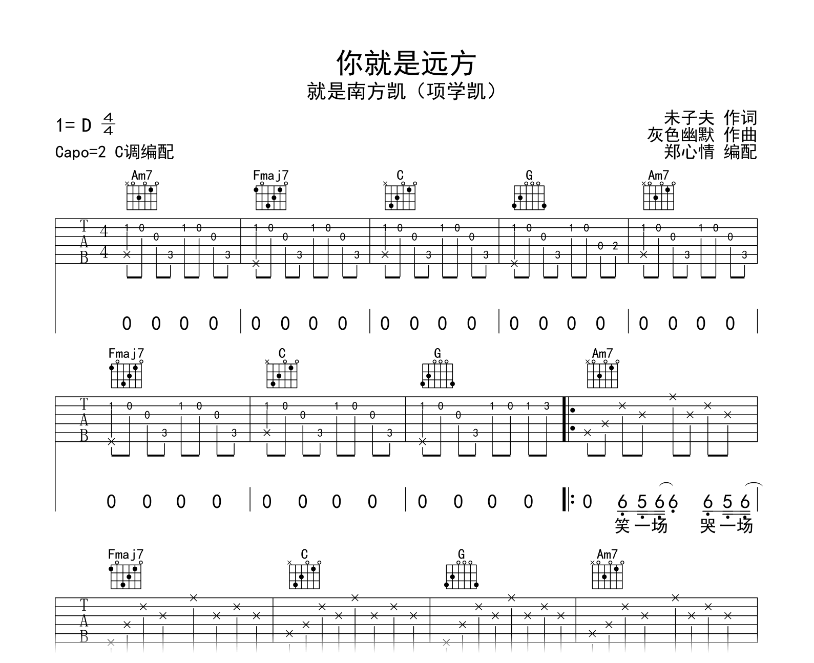 你就是远方吉他谱_就是南方凯_C调弹唱六线谱