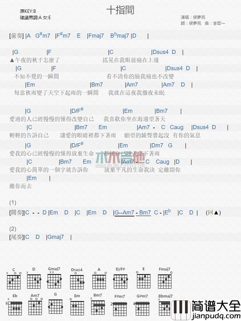 侯梦亮_十指间_吉他谱_Guitar_Music_Score