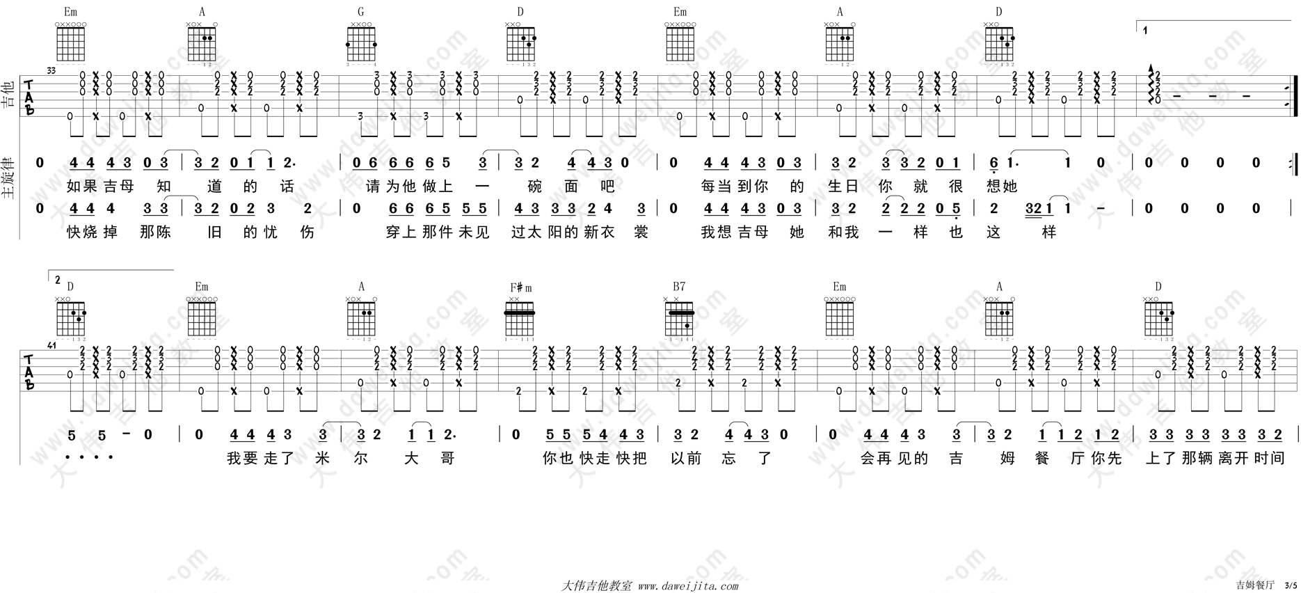 赵雷_吉姆餐厅_吉他谱(D调)_Guitar_Music_Score