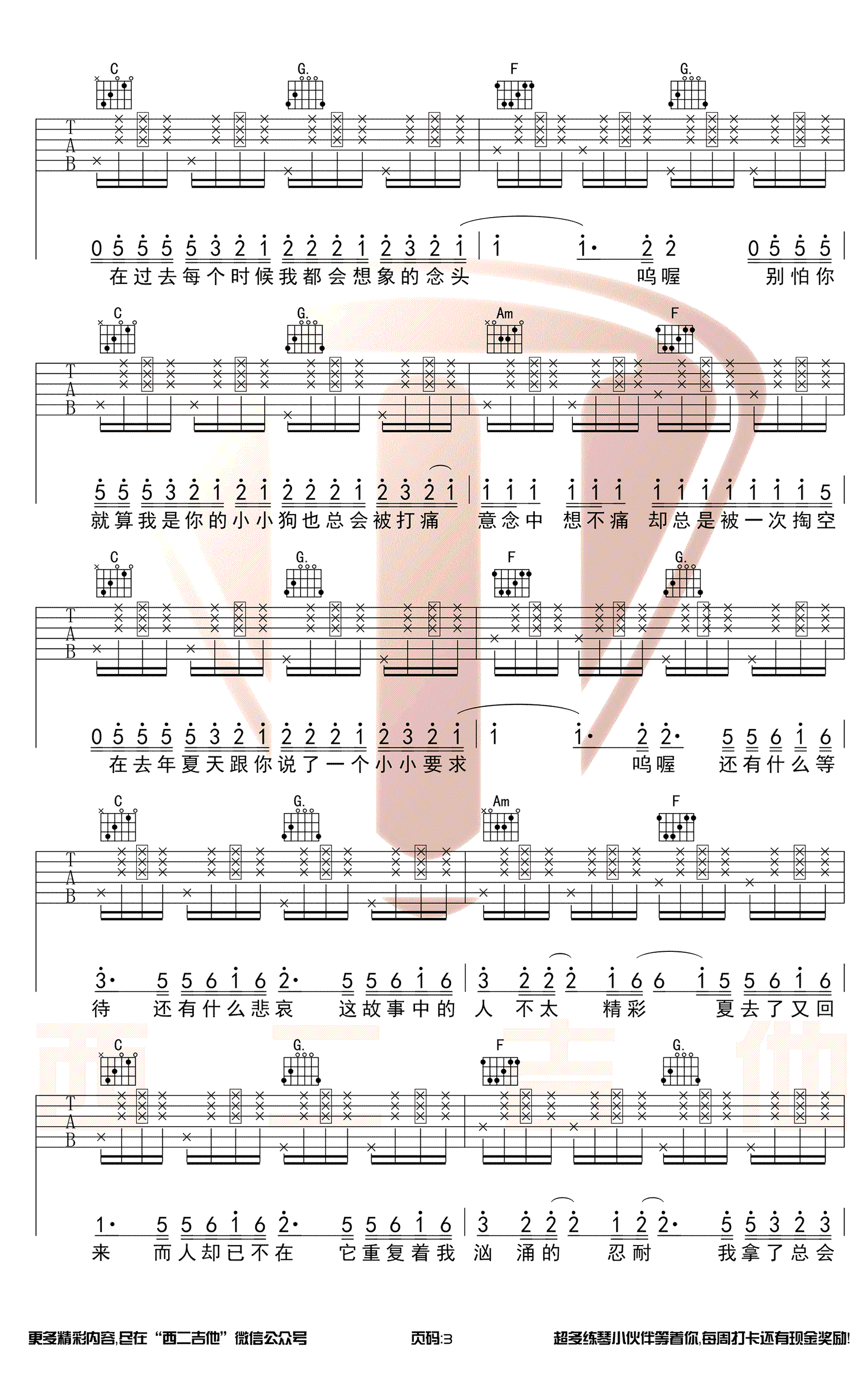 去年夏天吉他谱_家家/王大毛_C调简单拍弦版_图片谱