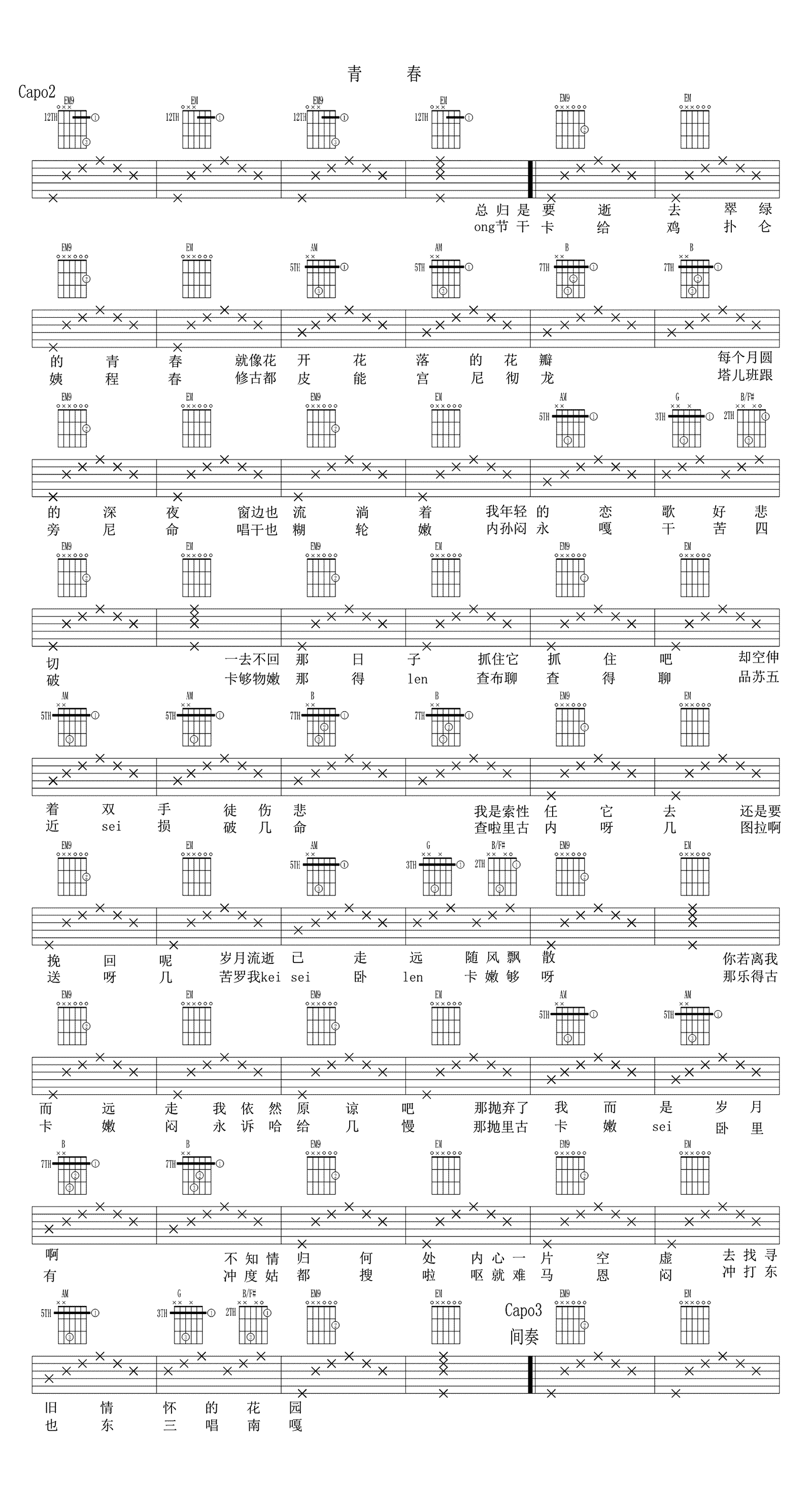 青春_韩剧_请回答1988_主题曲_弹唱谱完整版_吉他谱_Kim_Feel、金昌完_吉他图片谱_高清