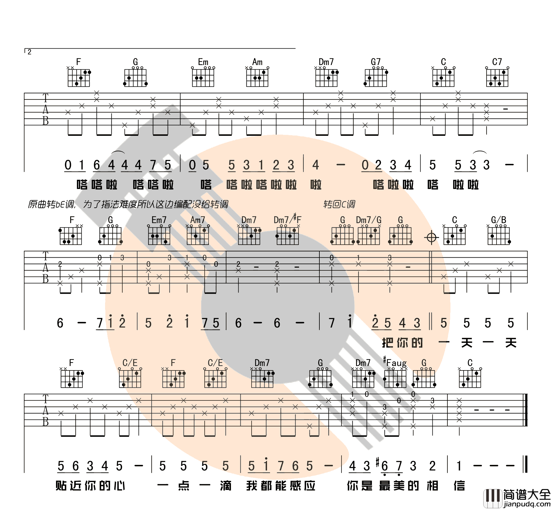 心愿便利贴_C调简单版_命中注定我爱你完整版_吉他谱_王欣宇_吉他图片谱_高清