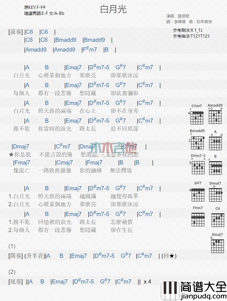 张信哲_白月光_吉他谱_Guitar_Music_Score