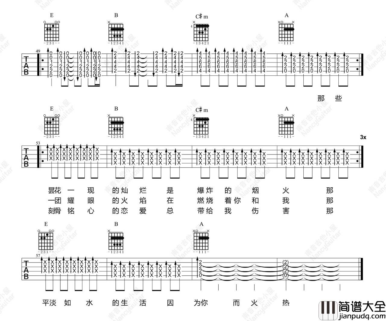 _生活因你而火热_吉他谱_新裤子乐队_E调原版六线谱_吉他弹唱教学