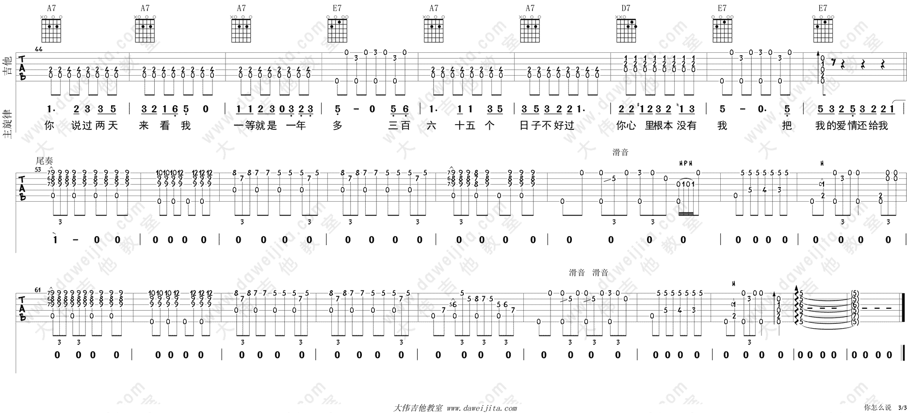 邓丽君_你怎么说_布鲁斯版__吉他谱(A调)_Guitar_Music_Score