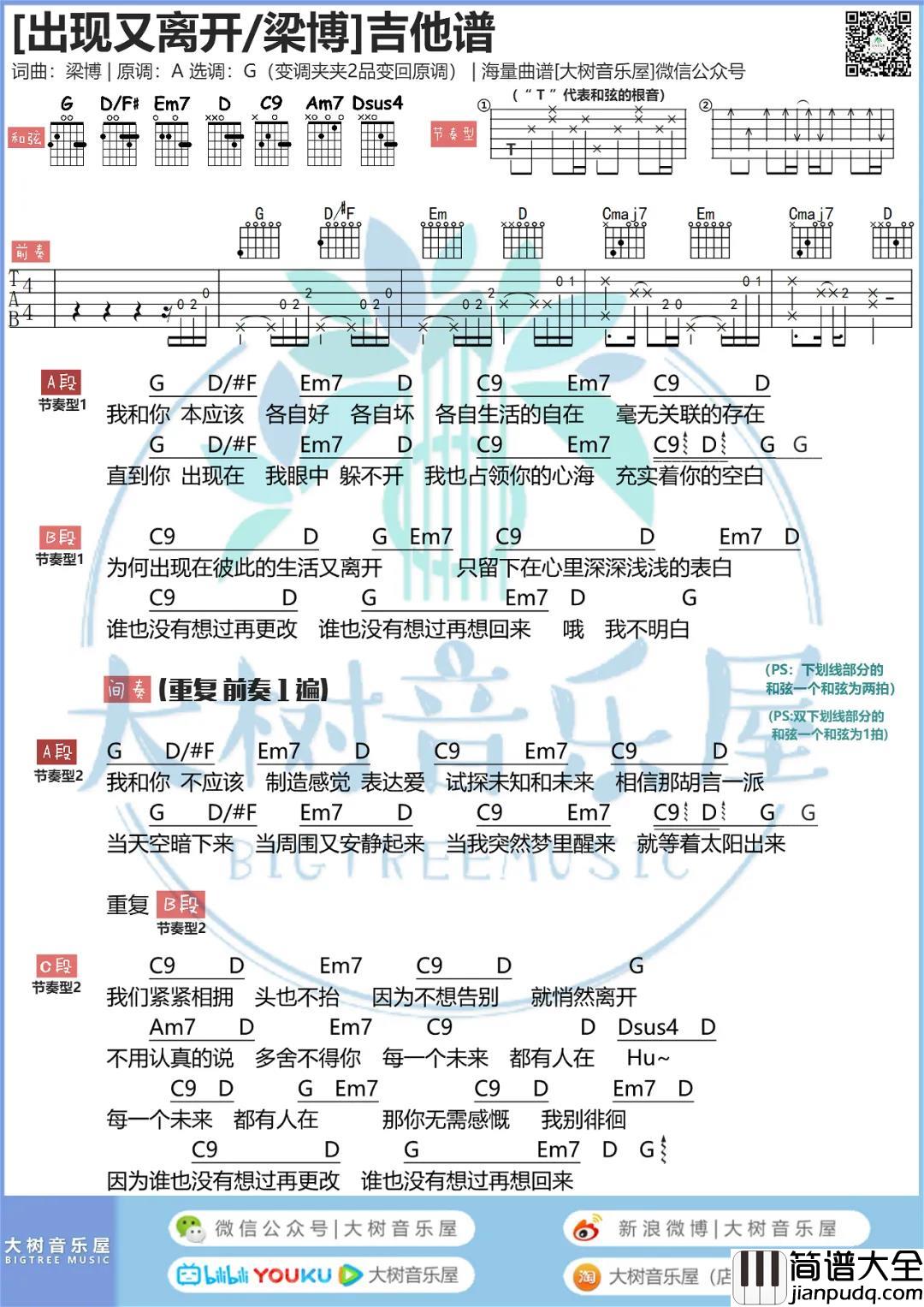 那英_出现又离开_吉他谱(G调)_Guitar_Music_Score