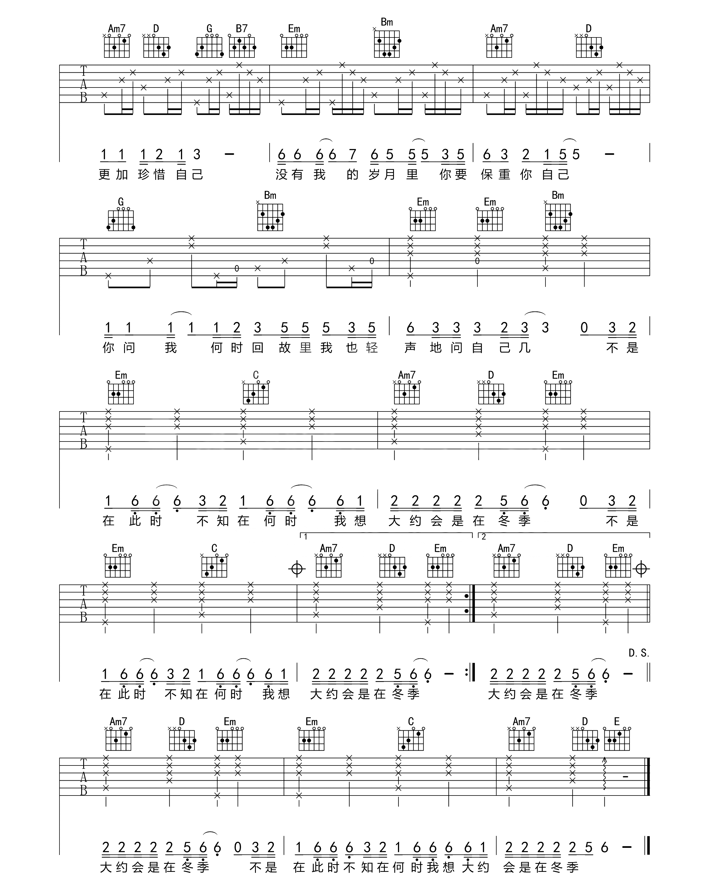 大约在冬季吉他谱_齐秦_G调原版编配