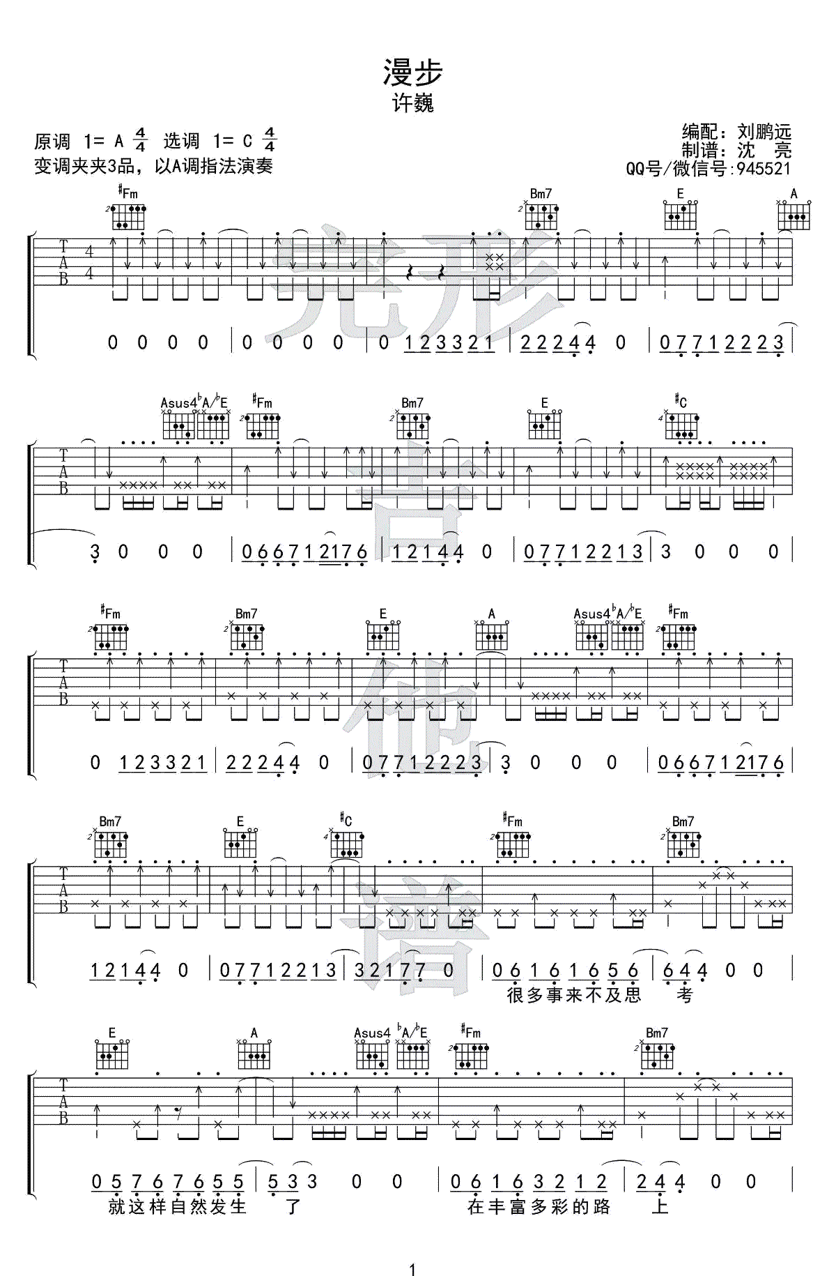 许巍_漫步_吉他谱_刘鹏远版本_弹唱示范视频