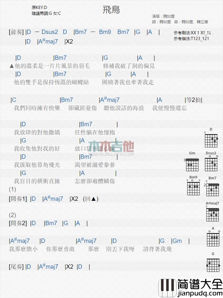 魏如萱_飞鸟_吉他谱_Guitar_Music_Score