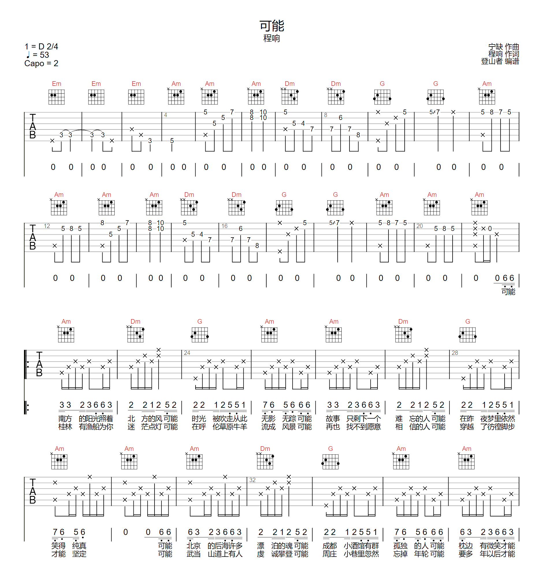 可能吉他谱_程响_可能_C调弹唱谱_原版六线谱