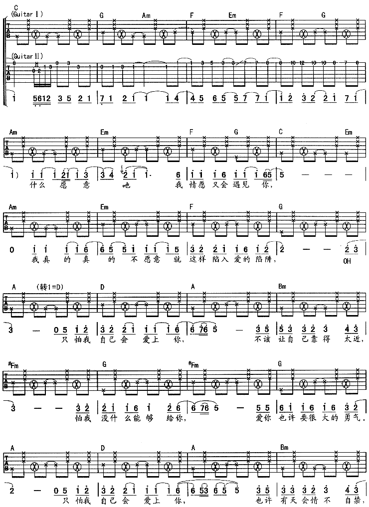 情非得已|版本二|吉他谱|图片谱|高清|庾澄庆