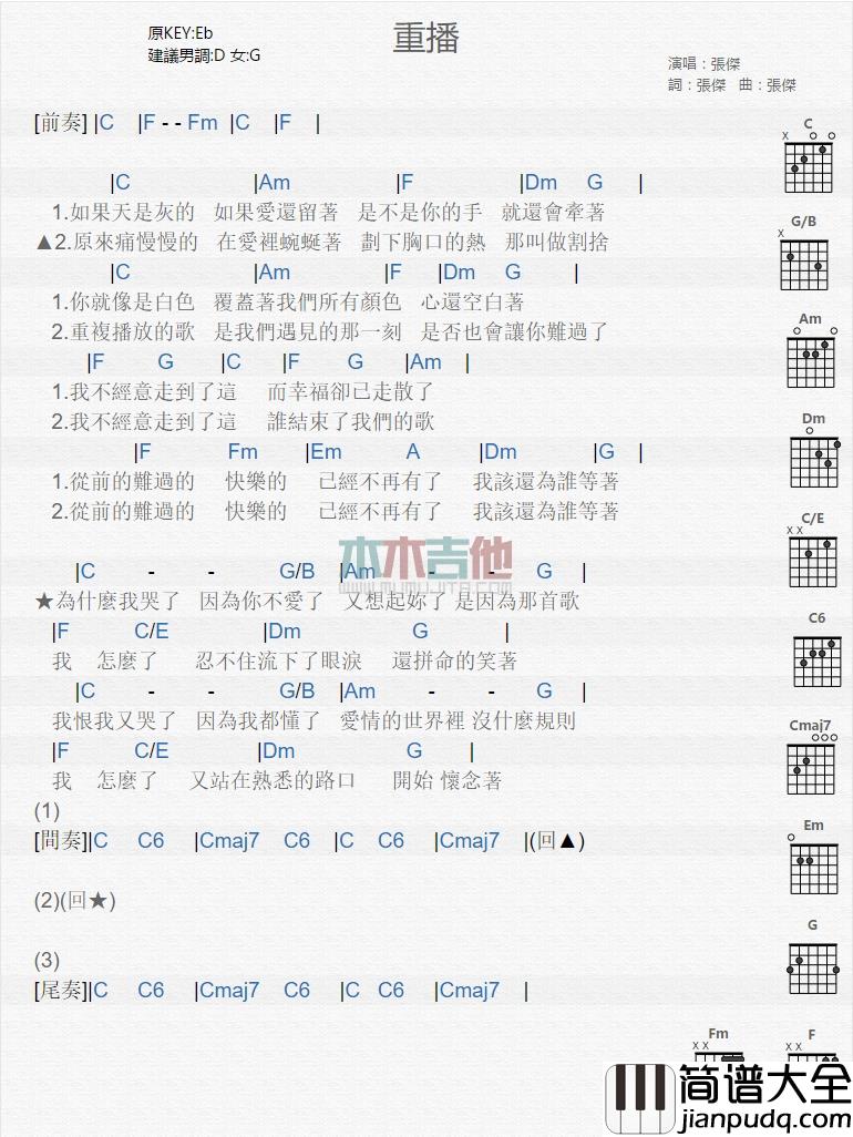 AJ张杰_重播_吉他谱_Guitar_Music_Score