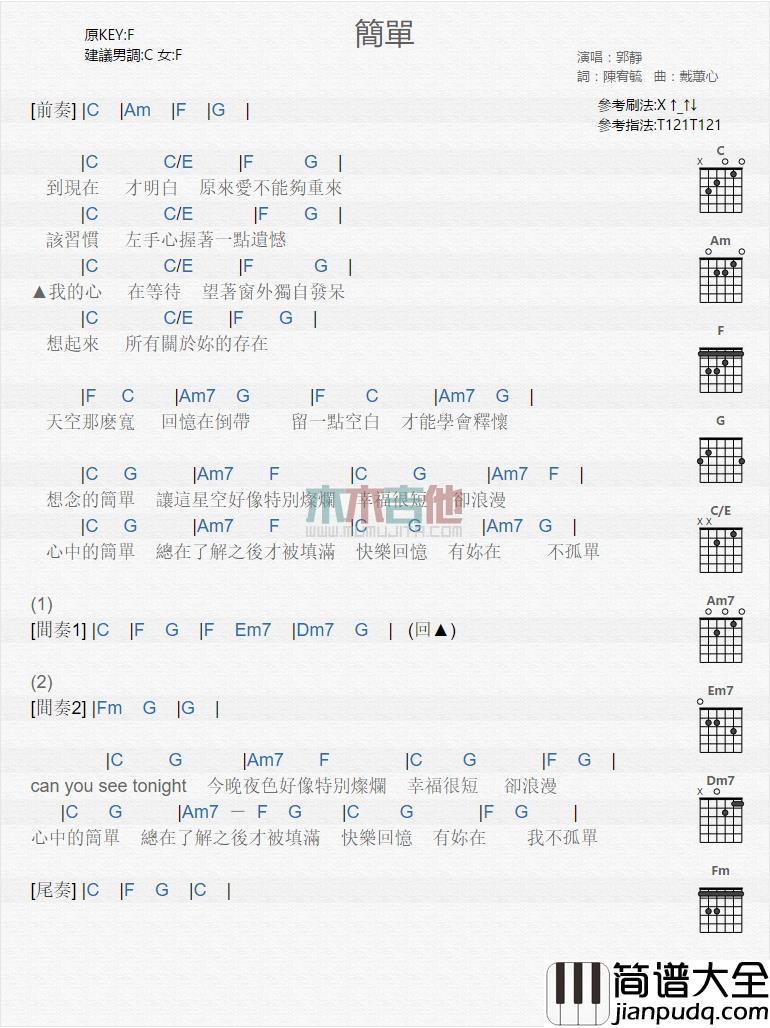 郭静_简单_吉他谱_Guitar_Music_Score