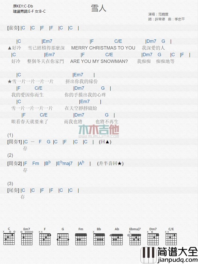 范晓萱_雪人_吉他谱_Guitar_Music_Score