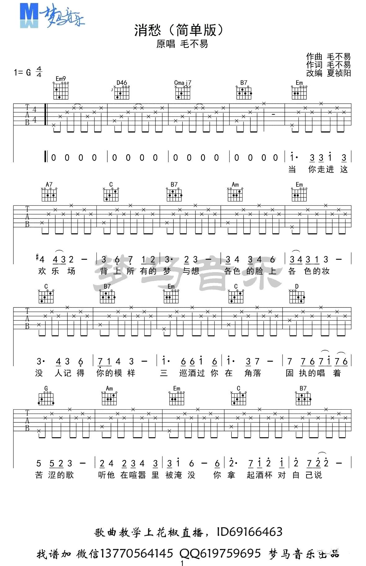 毛不易_消愁_吉他谱_G调简单版_吉他弹唱视频演示