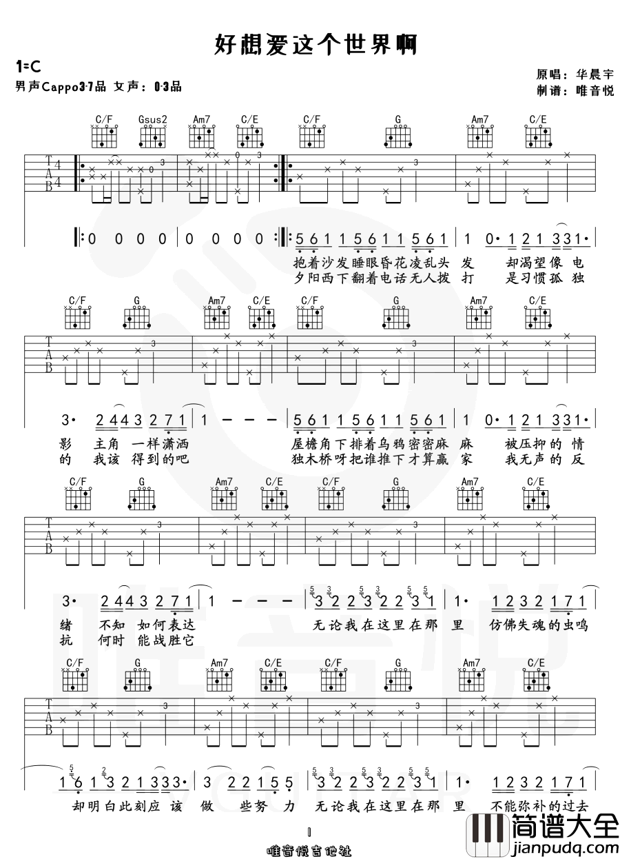 好想爱这个世界啊吉他谱_华晨宇_C调简单版