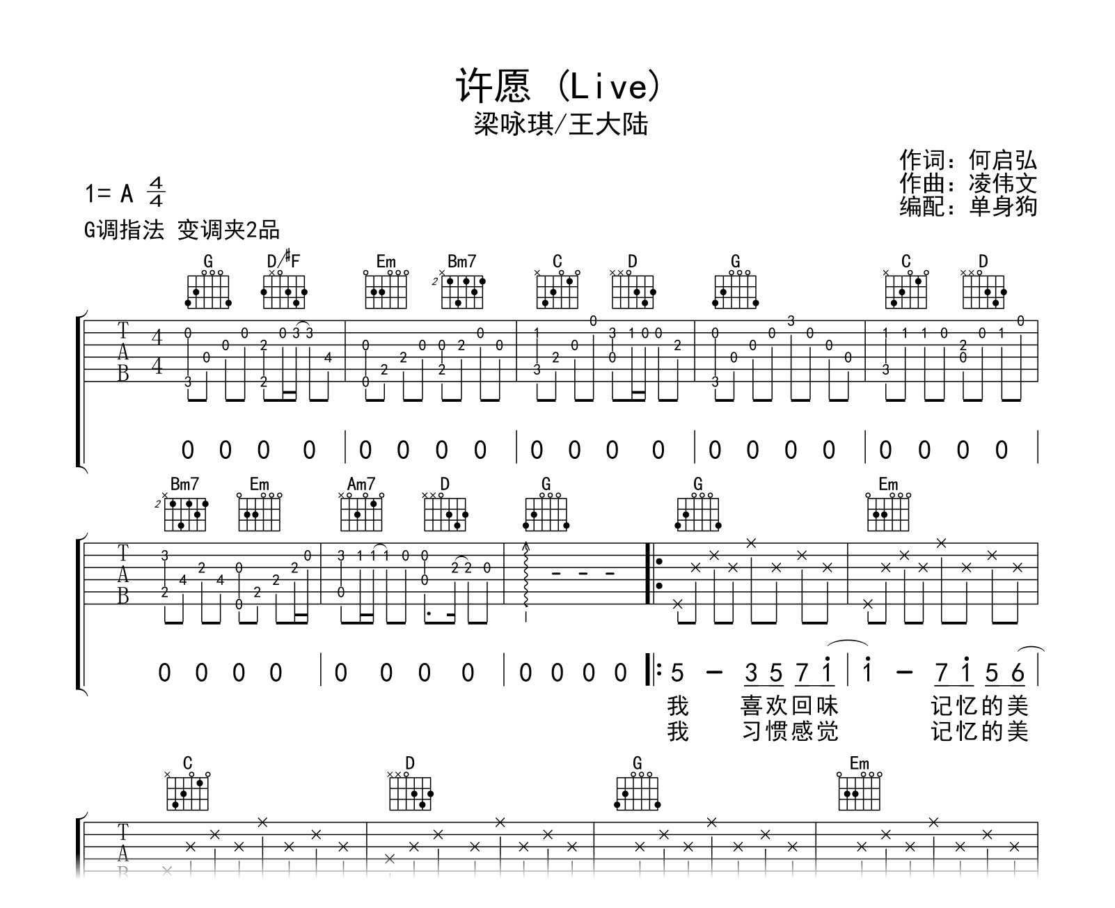 许愿吉他谱_梁咏琪/王大陆_G调弹唱六线谱