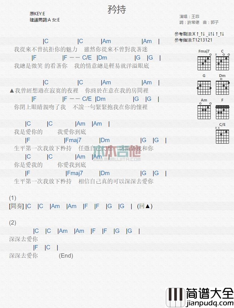 王菲_矜持_吉他谱_Guitar_Music_Score