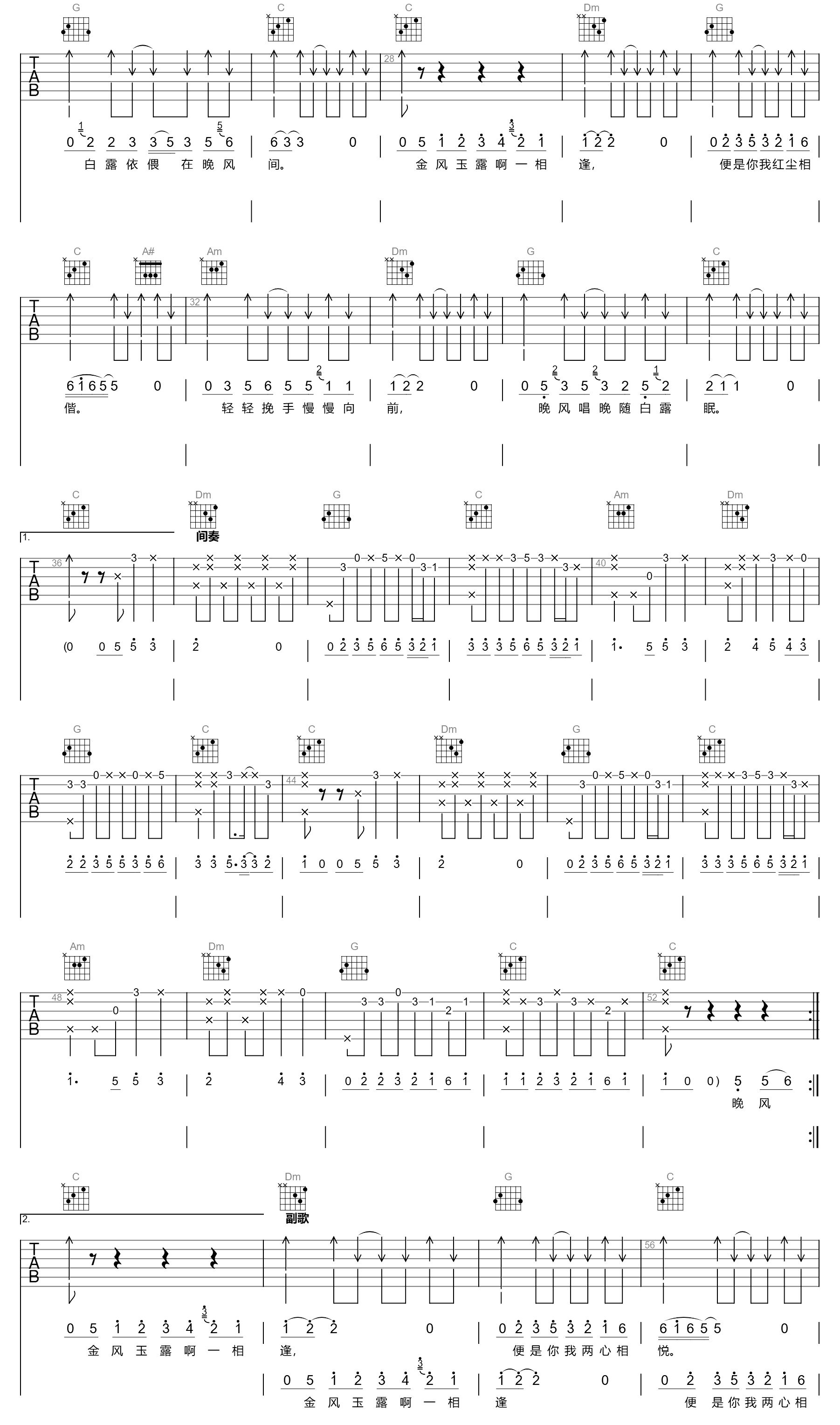金风玉露吉他谱_旅行新蜜蜂_C调弹唱六线谱