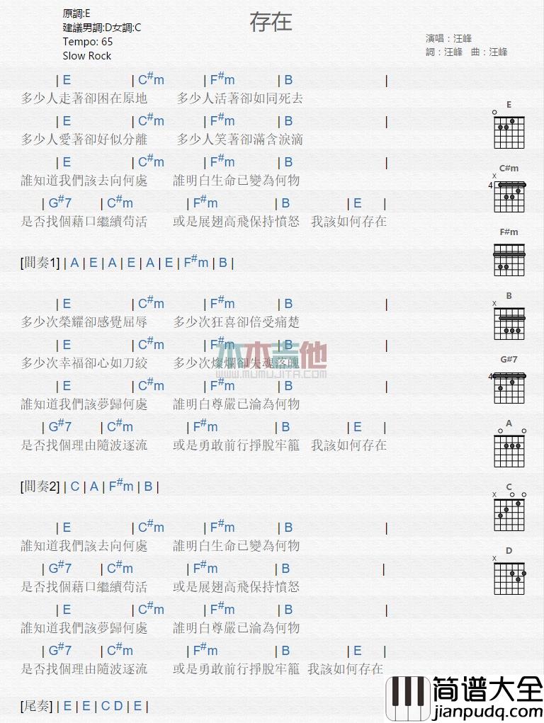 汪峰_存在_吉他谱_Guitar_Music_Score