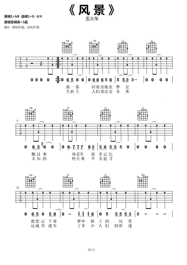 丢火车乐队_风景_吉他谱_六线谱_弹唱谱_指弹谱_电视剧片头曲