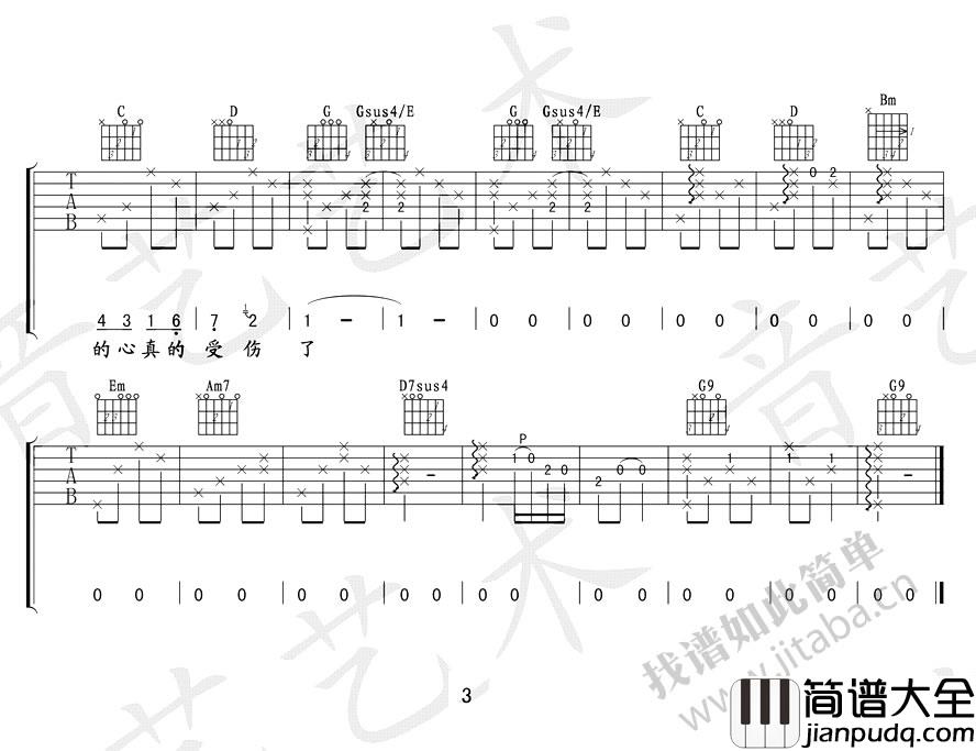 我真的受伤了吉他谱_张学友_图片谱完整版