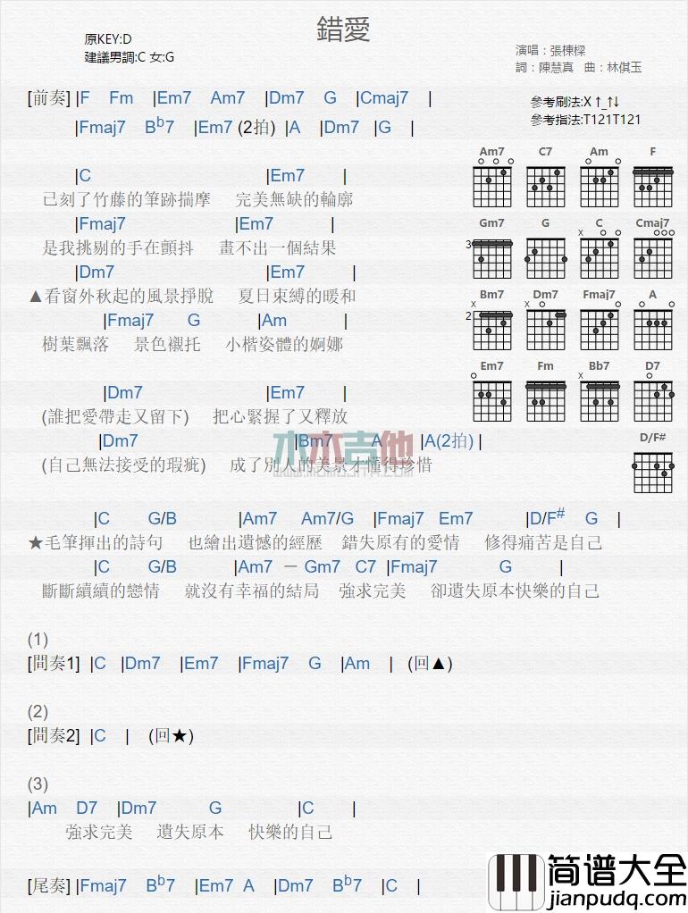 张栋梁_错爱_吉他谱_Guitar_Music_Score