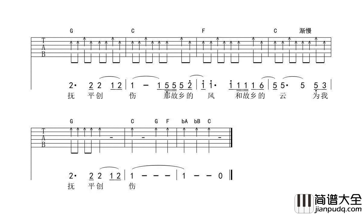 故乡的云_费翔_C调六线谱完整版_吉他谱_费翔_吉他图片谱_高清