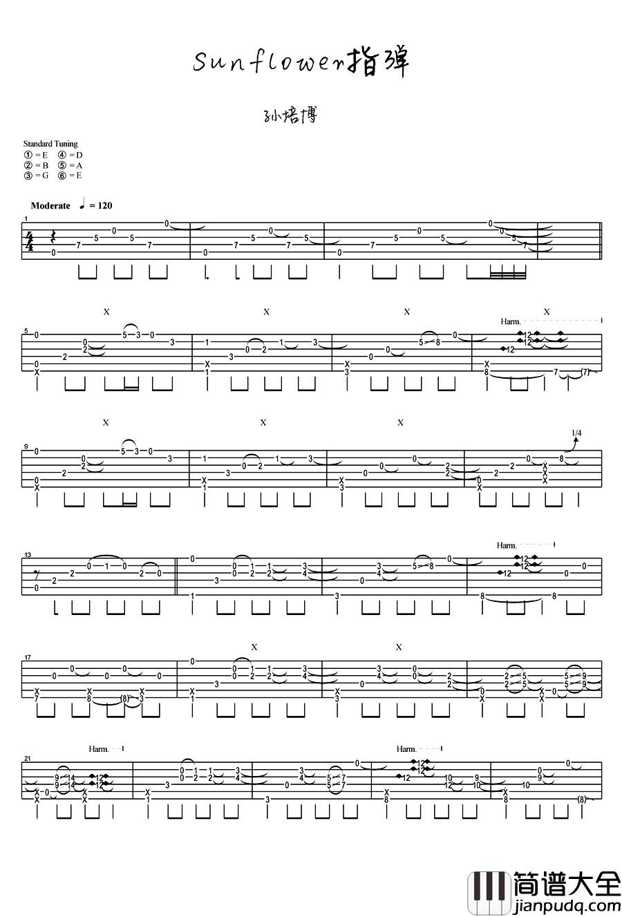Sunflower指弹谱_孙培博_太阳花吉他谱(独奏示范)