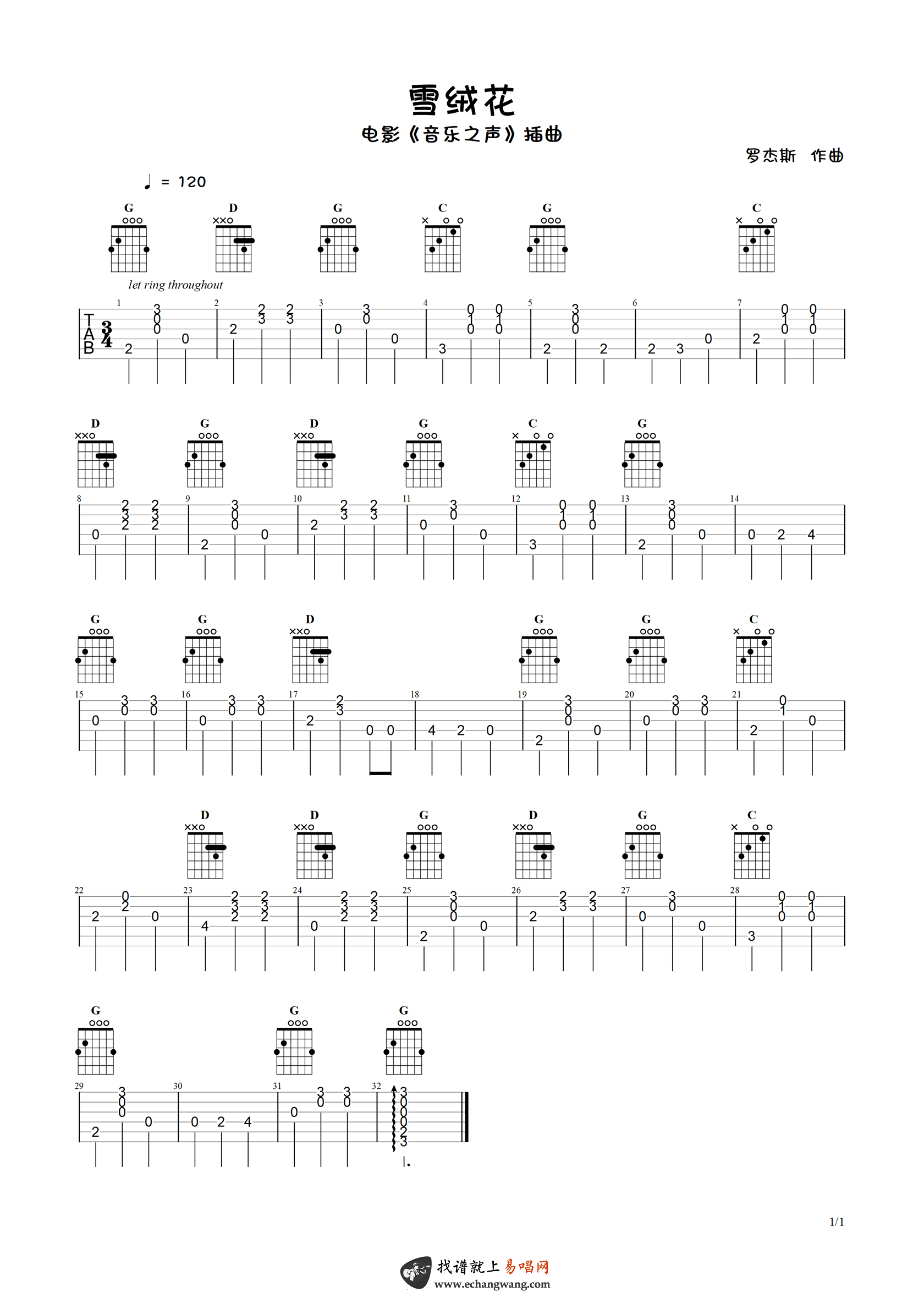 雪绒花指弹谱吉他谱_独奏曲_吉他图片谱_高清