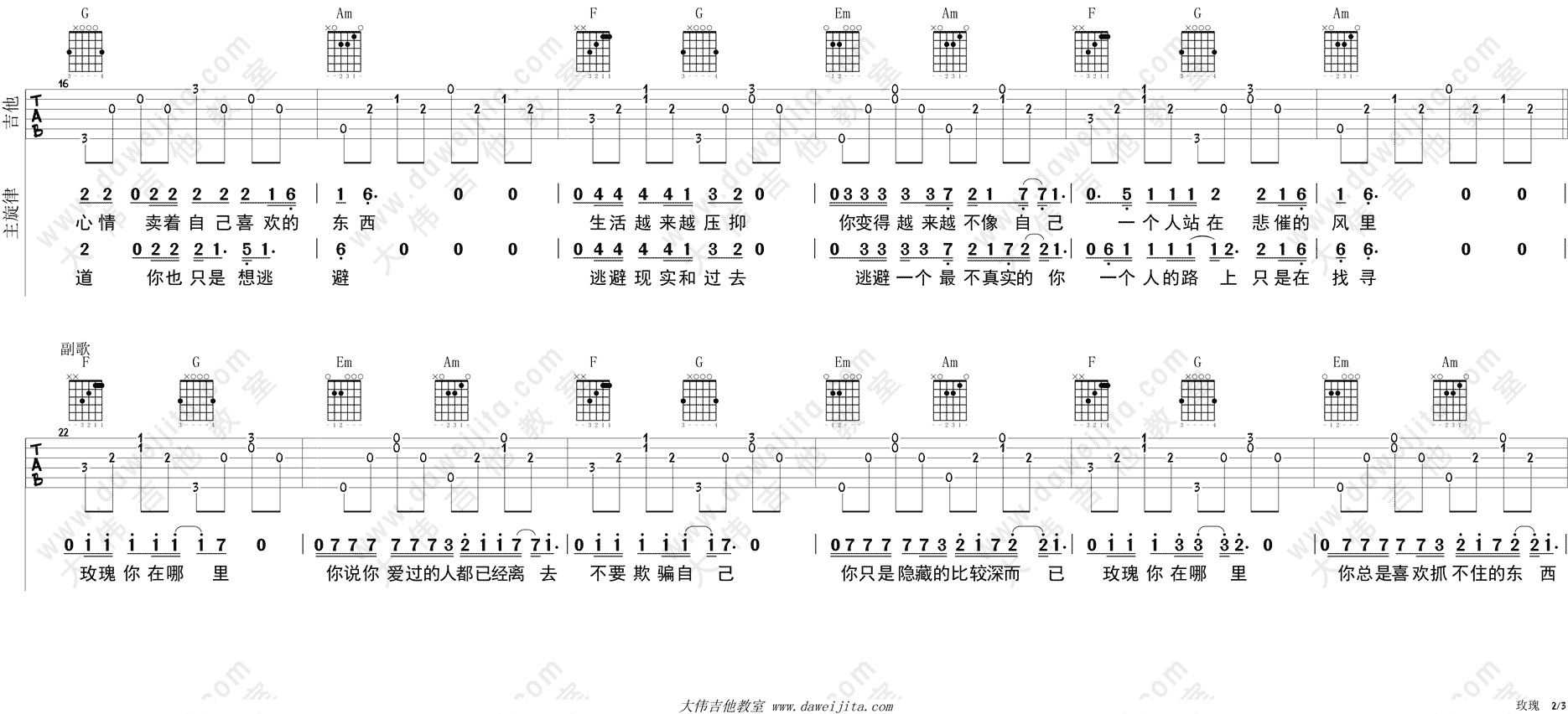 贰佰_玫瑰_吉他谱(C调)_Guitar_Music_Score