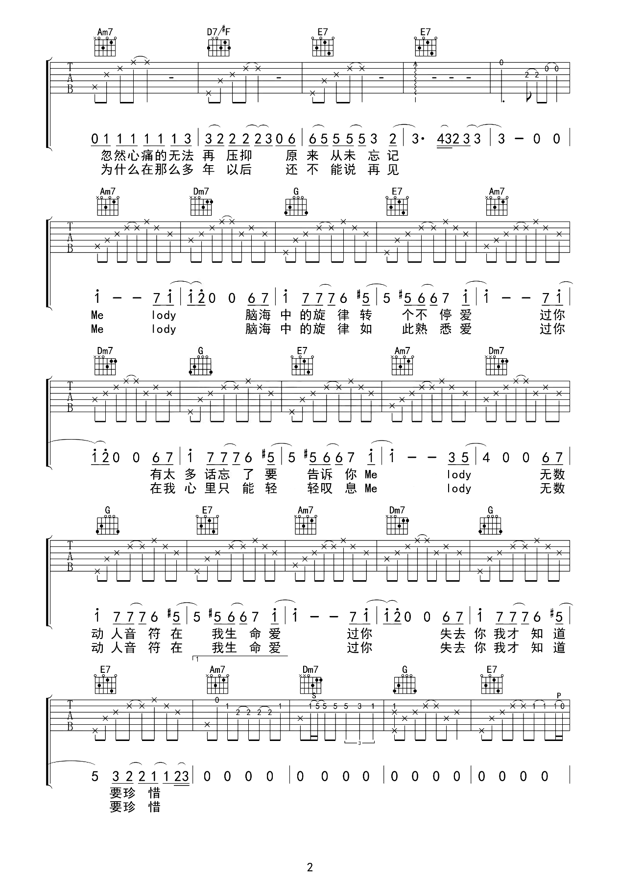 Melody吉他谱_陶喆_C调原版_完整弹唱六线谱