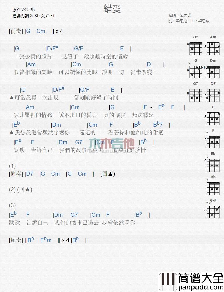 梁思成_错爱_吉他谱_Guitar_Music_Score