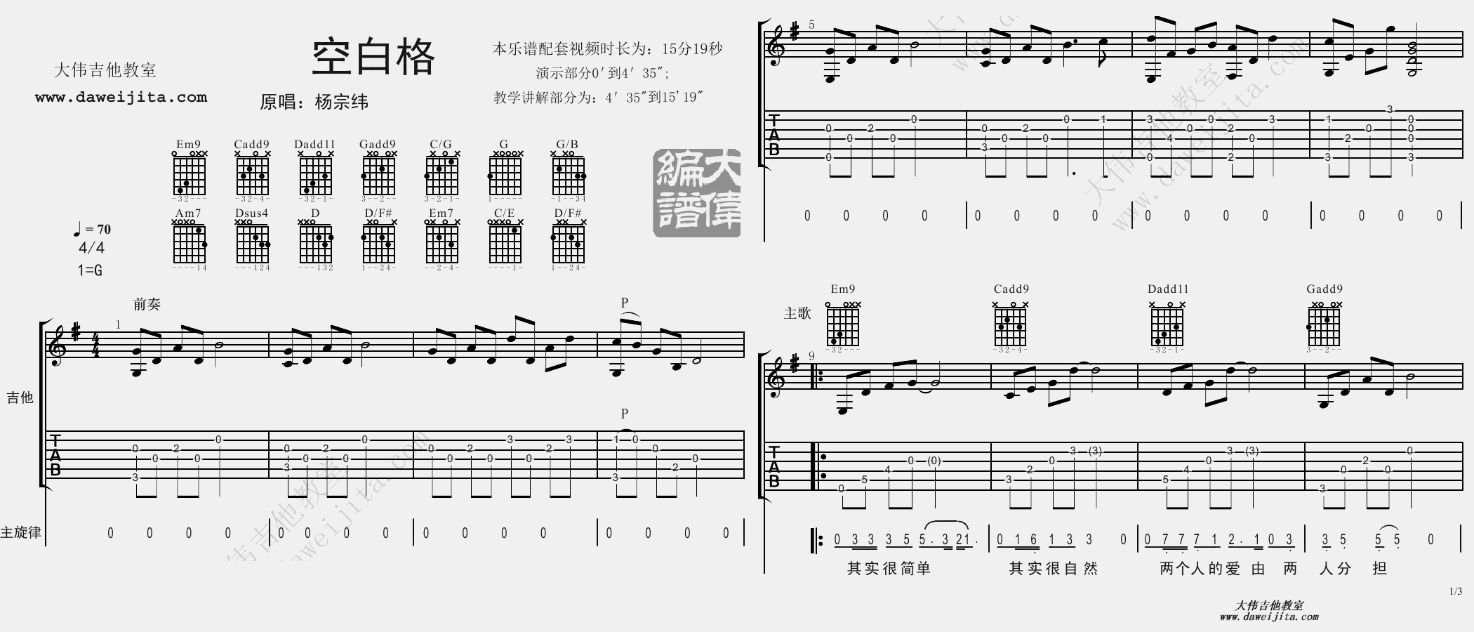 杨宗纬_空白格_吉他谱_Guitar_Music_Score