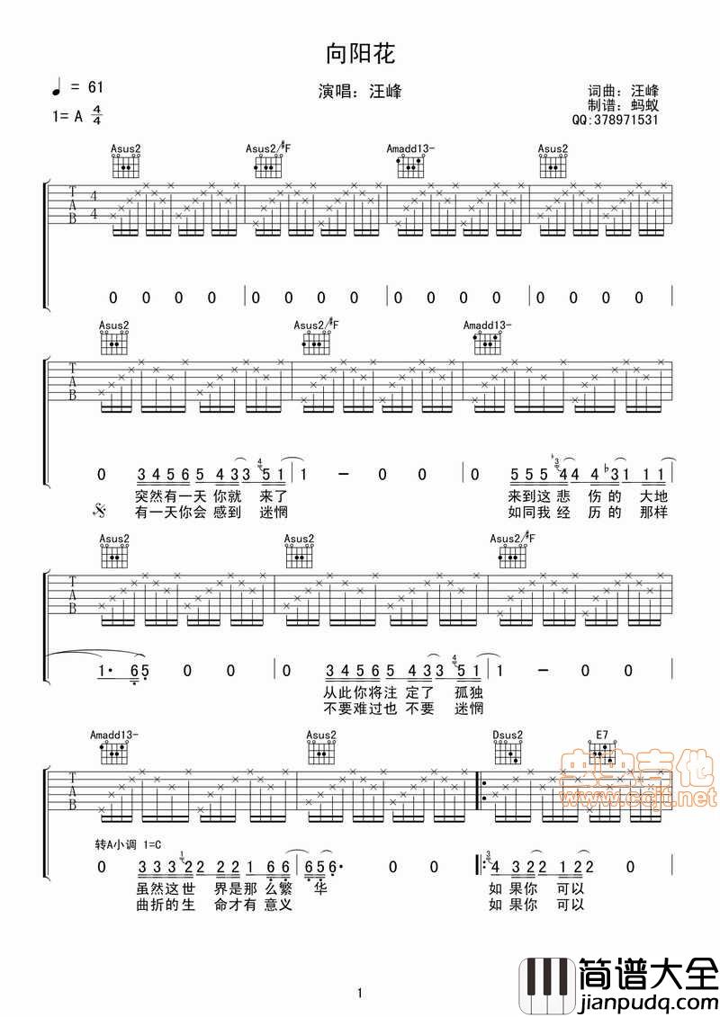 【全网首发】汪峰_向阳花_完整版吉他谱【蚂蚁制谱】|吉他谱|图片谱|高清|汪峰