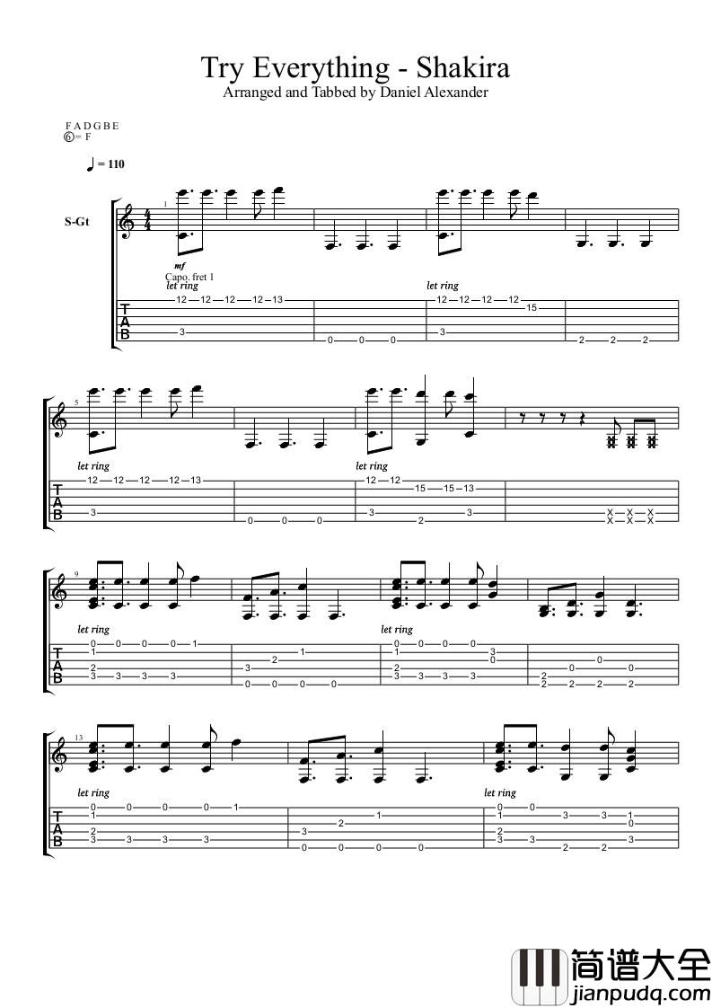 Shakira_Try_Everything_吉他谱_Guitar_Music_Score