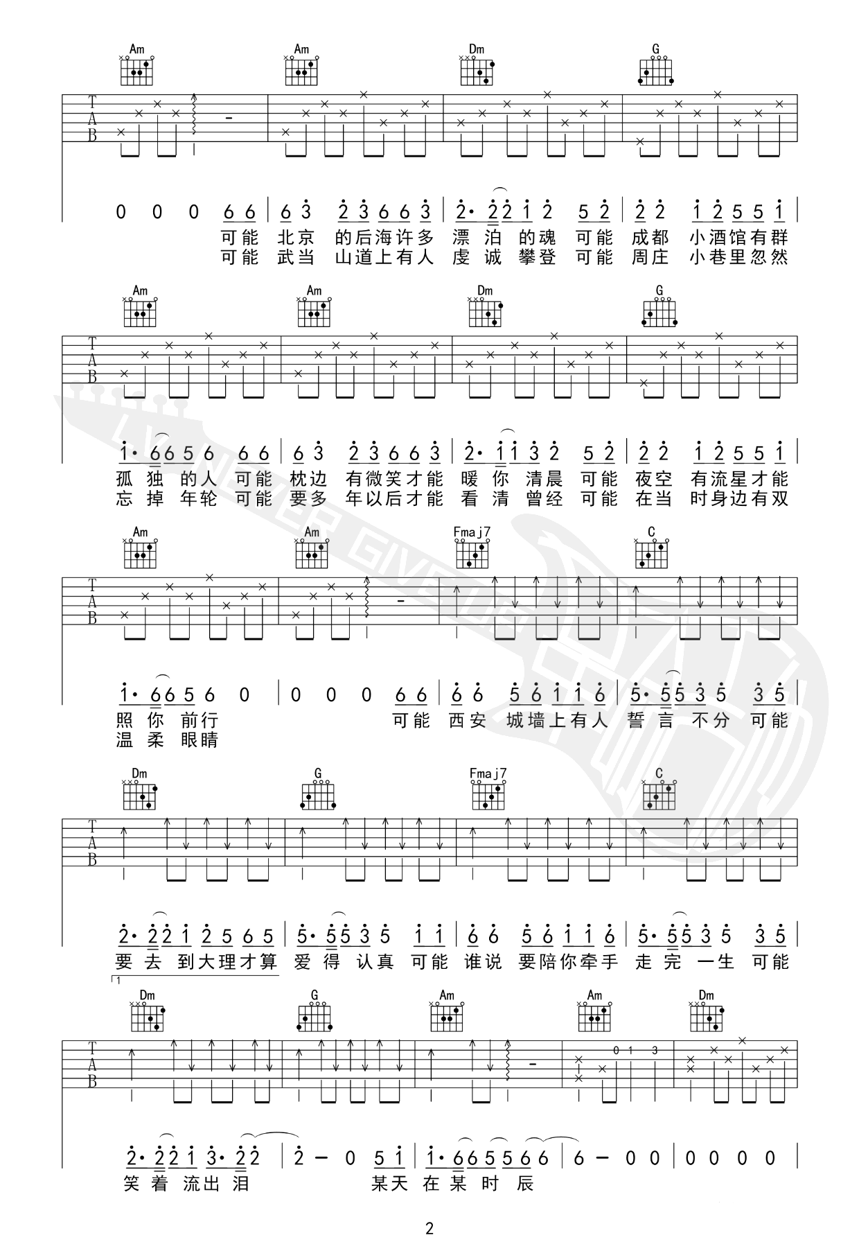 可能吉他谱_程响_C调简单版_没有大横按