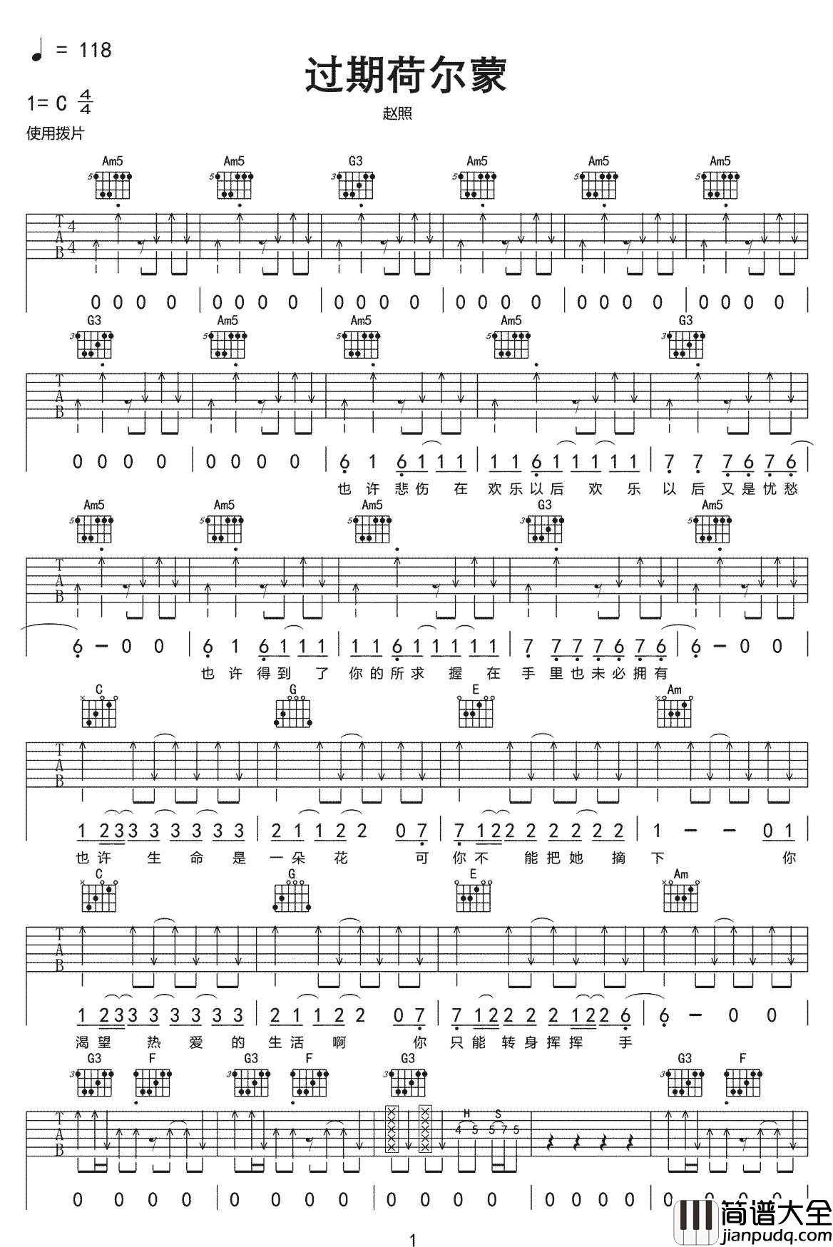 过期荷尔蒙吉他谱_赵照_C调指法扫弦版