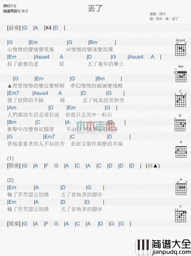 阿木_丢了_吉他谱_Guitar_Music_Score