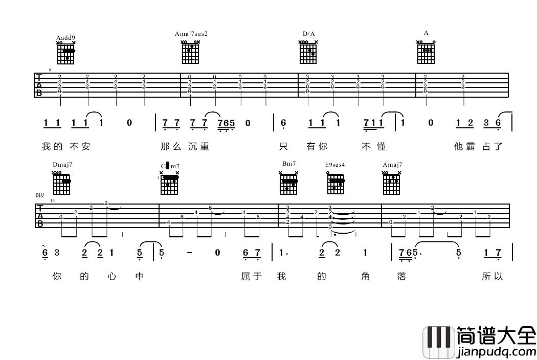 李玖哲_想太多_吉他谱(B调)_Guitar_Music_Score