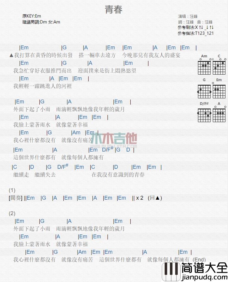 汪峰_青春_吉他谱_Guitar_Music_Score