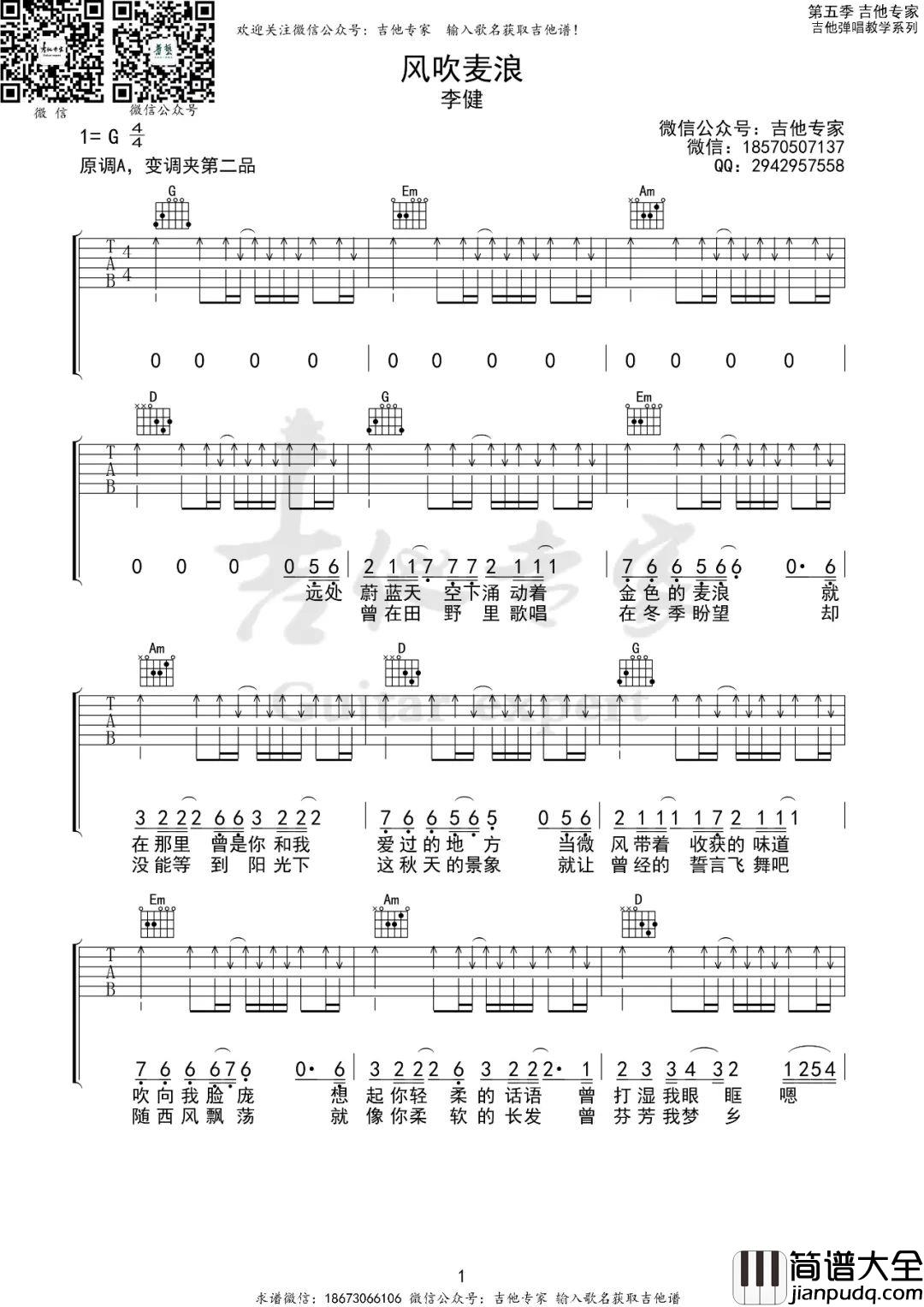 风吹麦浪吉他谱_李健_G调扫弦版