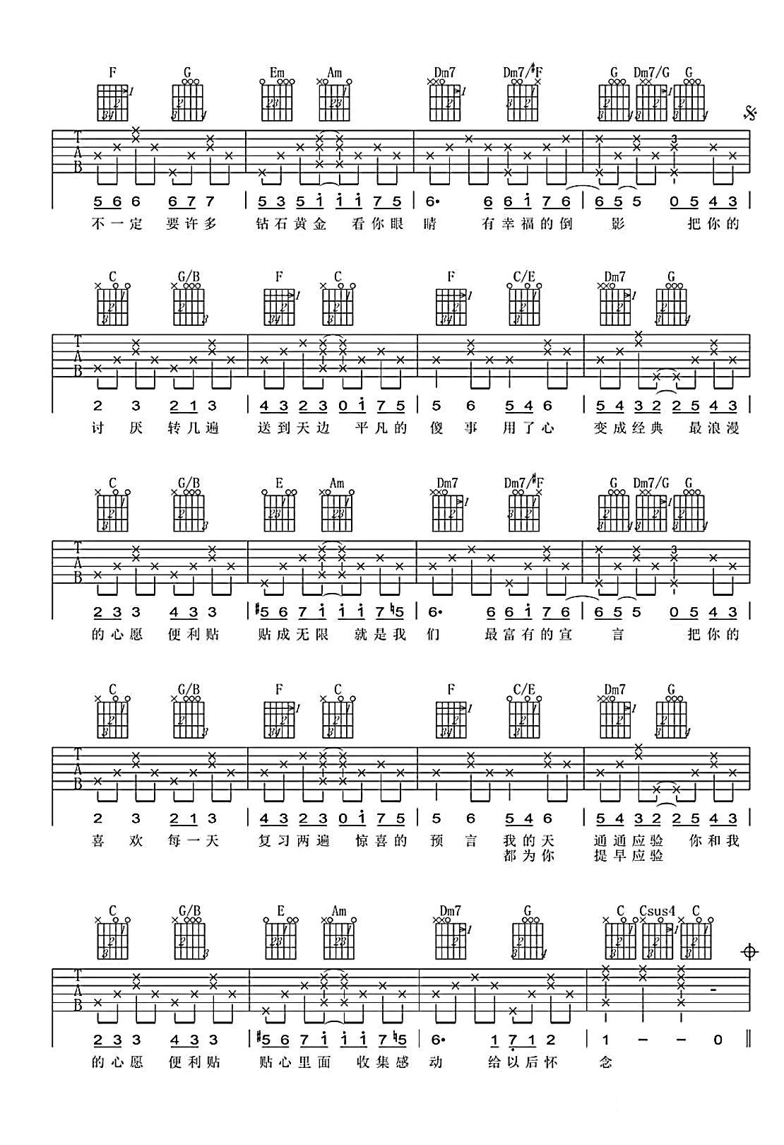 心愿便利贴吉他谱_元若蓝_C调弹唱六线谱