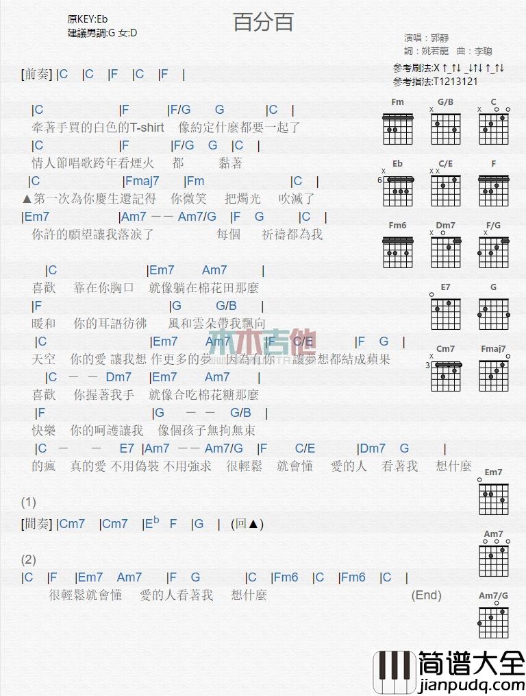 郭静_百分百_吉他谱_Guitar_Music_Score