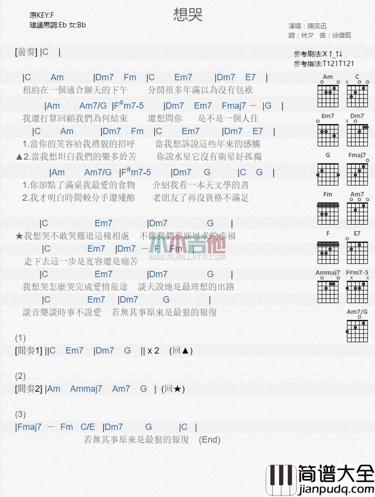 陈奕迅_想哭_吉他谱_Guitar_Music_Score