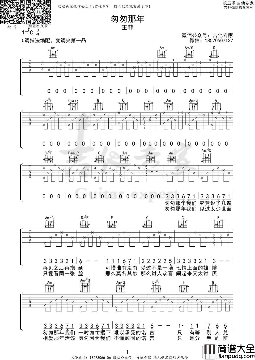 匆匆那年吉他谱_王菲_C调指法原版编配