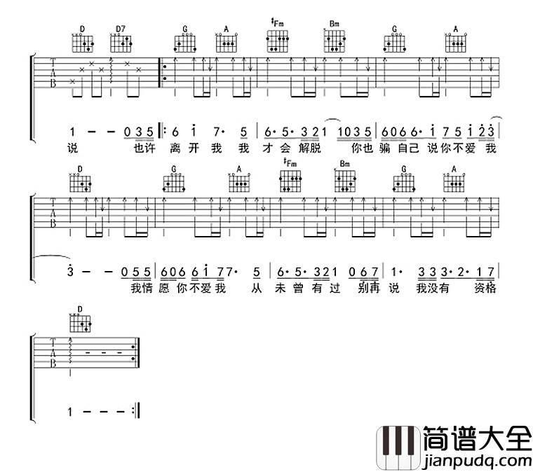 情愿你不爱我_时间胶囊乐队_弹唱六线谱完整版_吉他谱_时间胶囊乐队_吉他图片谱_高清